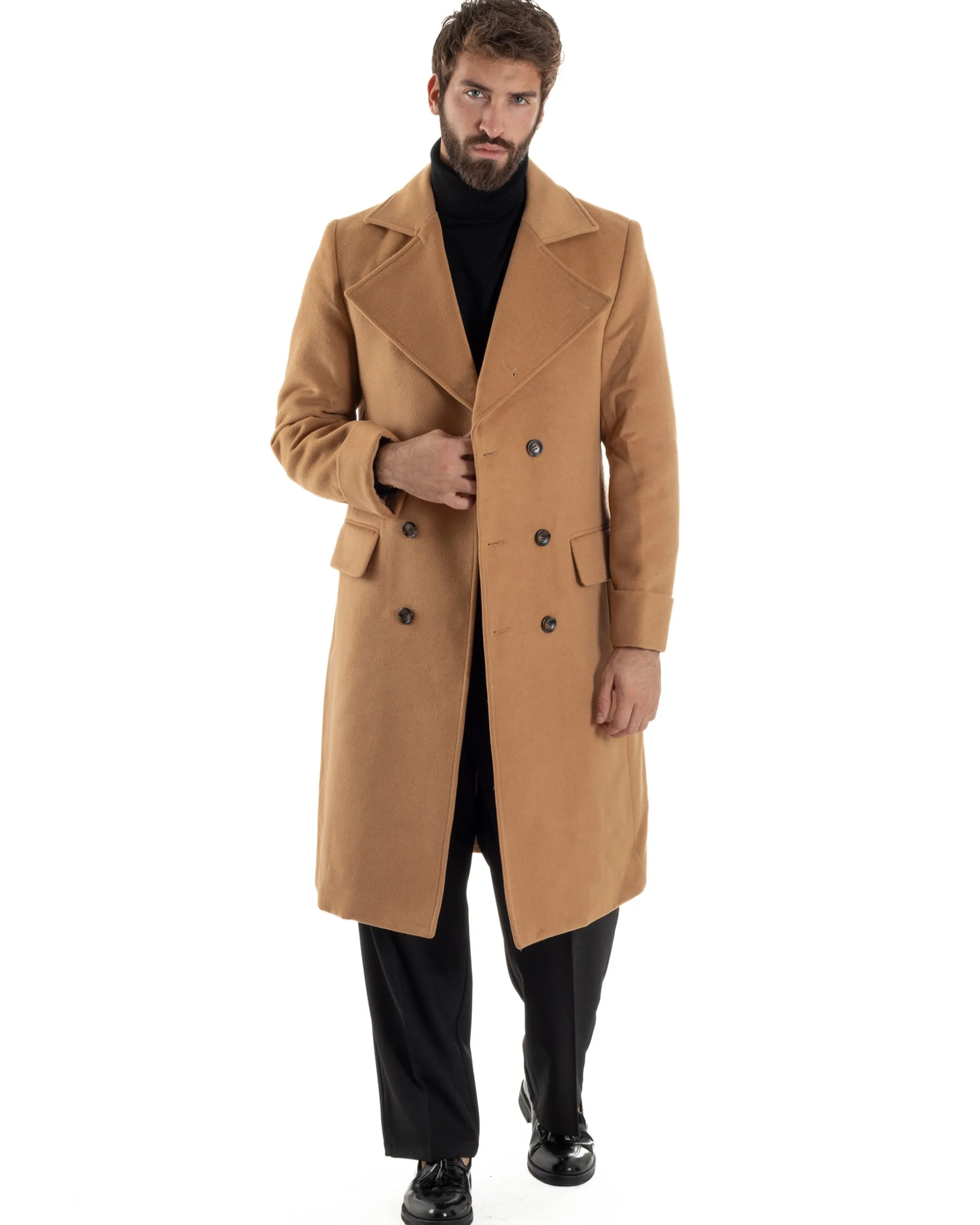 Cappotto Uomo Doppiopetto Lungo Revers A Lancia Tessuto Panno Tinta Unita Camel CO1086A