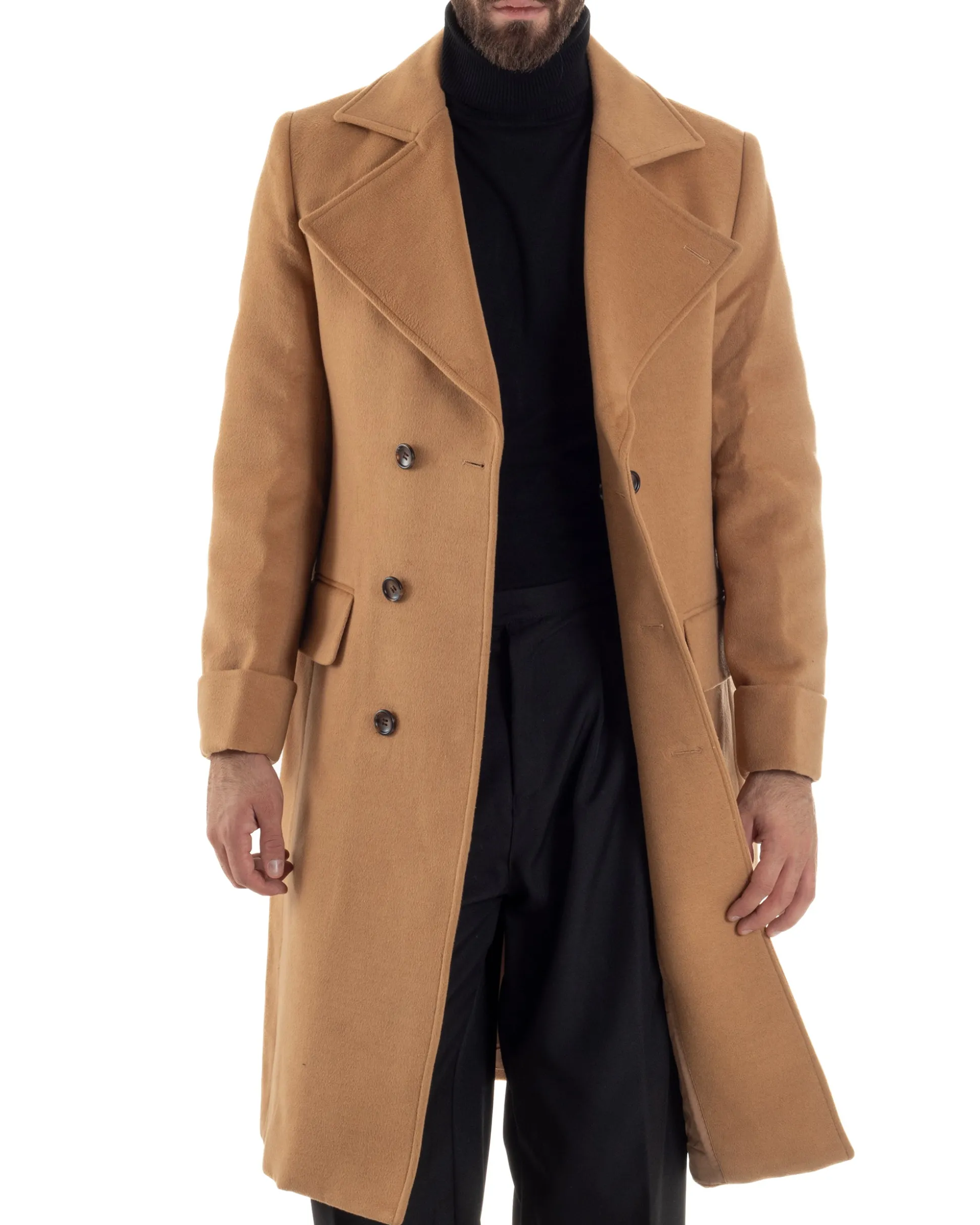 Cappotto Uomo Doppiopetto Lungo Revers A Lancia Tessuto Panno Tinta Unita Camel CO1086A