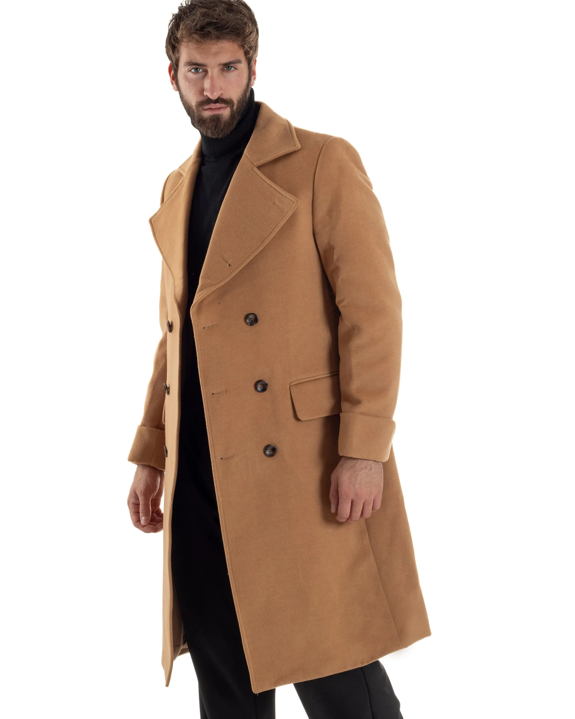 Cappotto Uomo Doppiopetto Lungo Revers A Lancia Tessuto Panno Tinta Unita Camel CO1086A