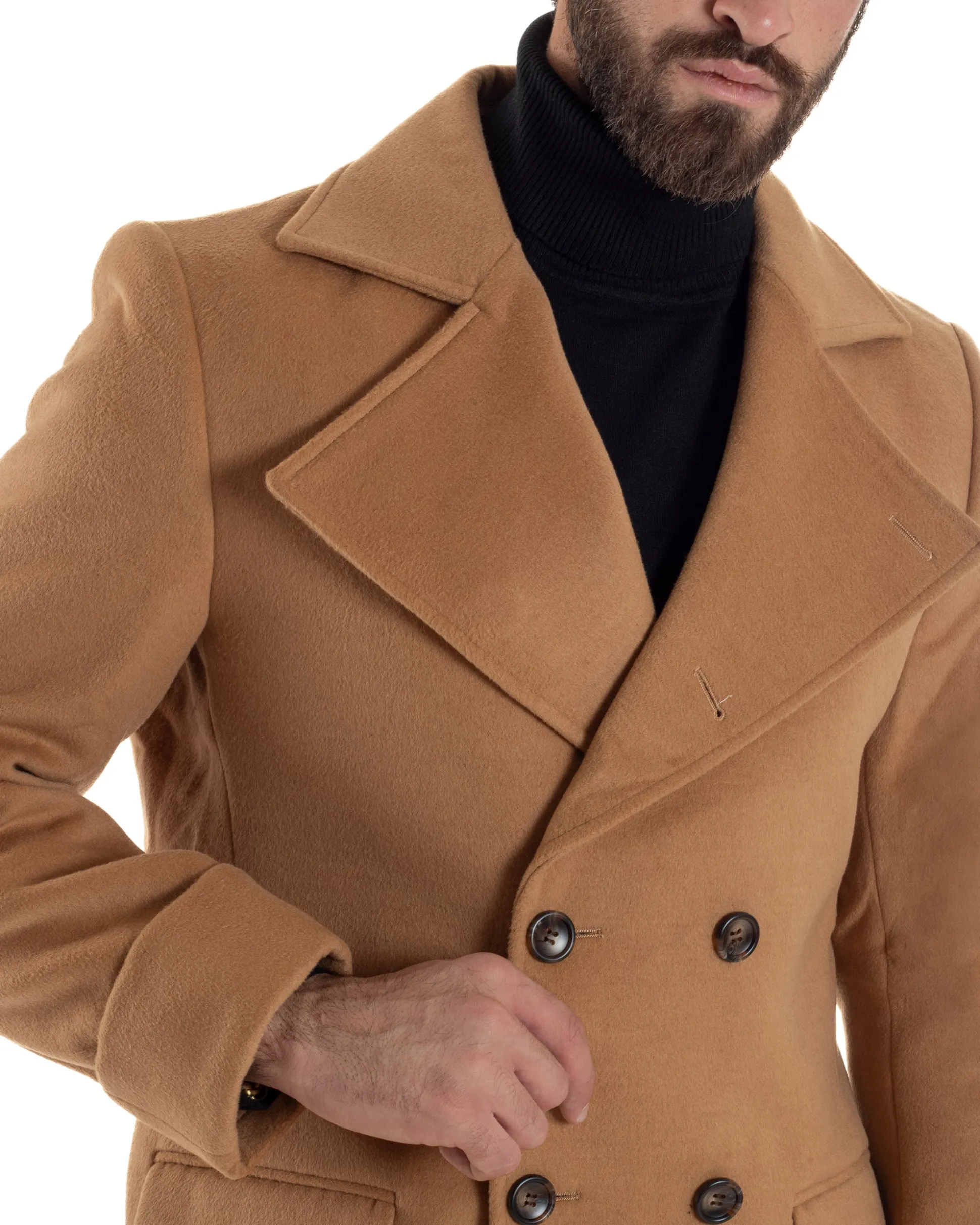 Cappotto Uomo Doppiopetto Lungo Revers A Lancia Tessuto Panno Tinta Unita Camel CO1086A