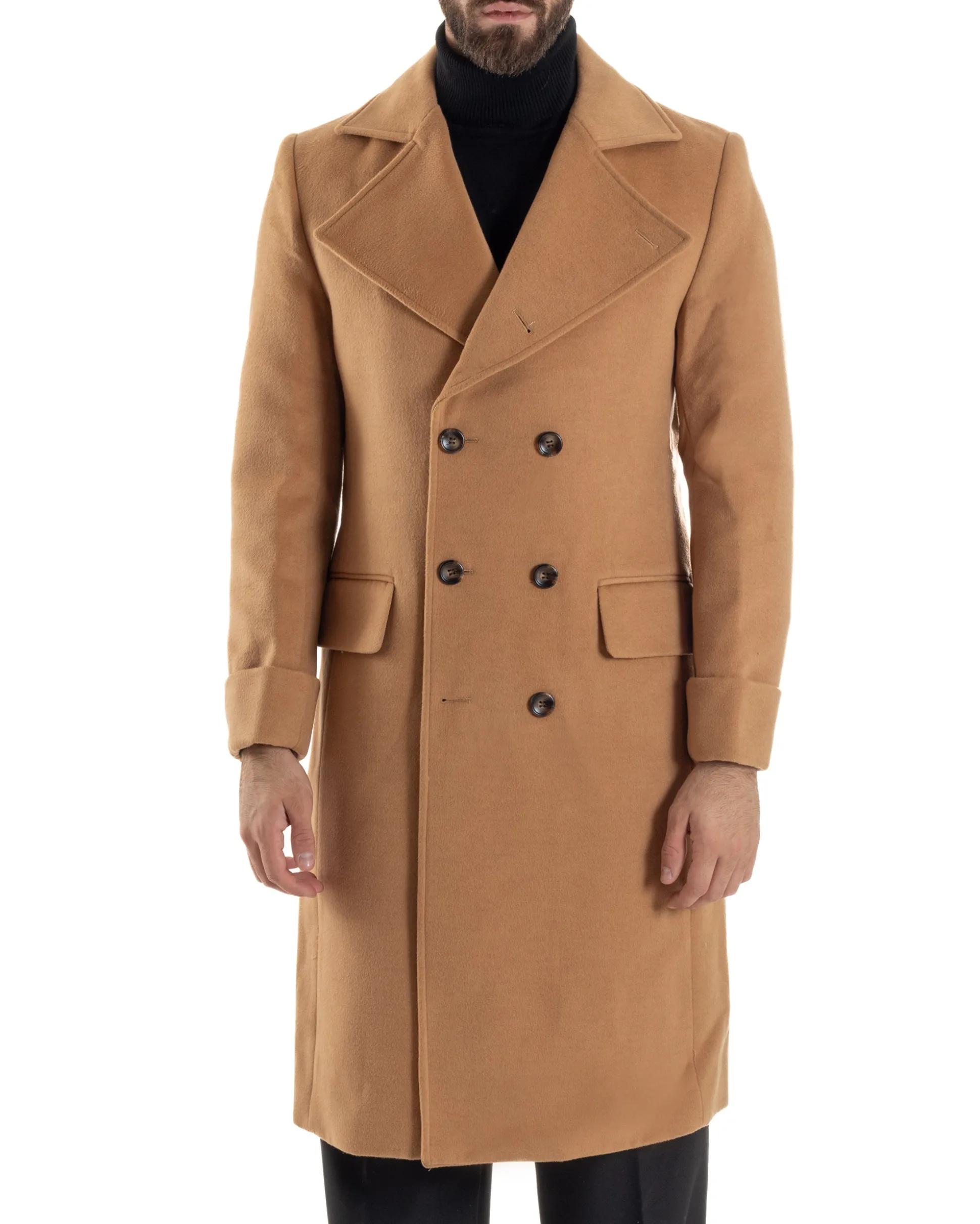 Cappotto Uomo Doppiopetto Lungo Revers A Lancia Tessuto Panno Tinta Unita Camel CO1086A