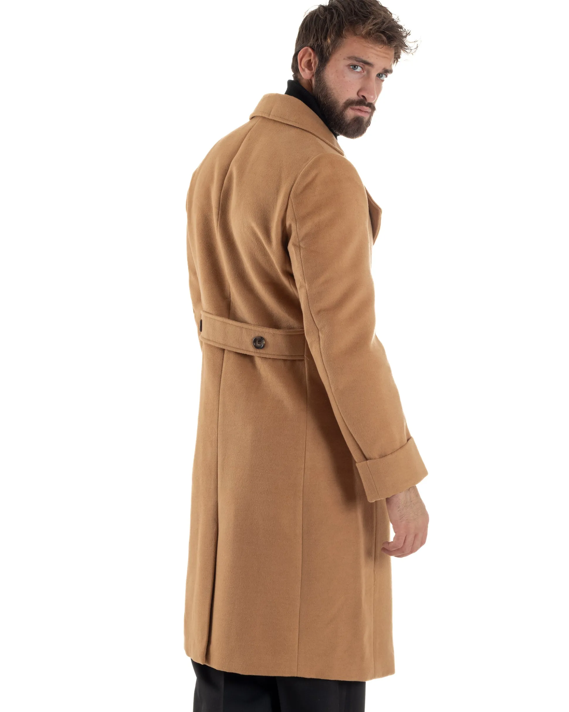 Cappotto Uomo Doppiopetto Lungo Revers A Lancia Tessuto Panno Tinta Unita Camel CO1086A
