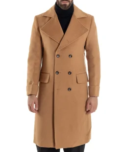Cappotto Uomo Doppiopetto Lungo Revers A Lancia Tessuto Panno Tinta Unita Camel CO1086A