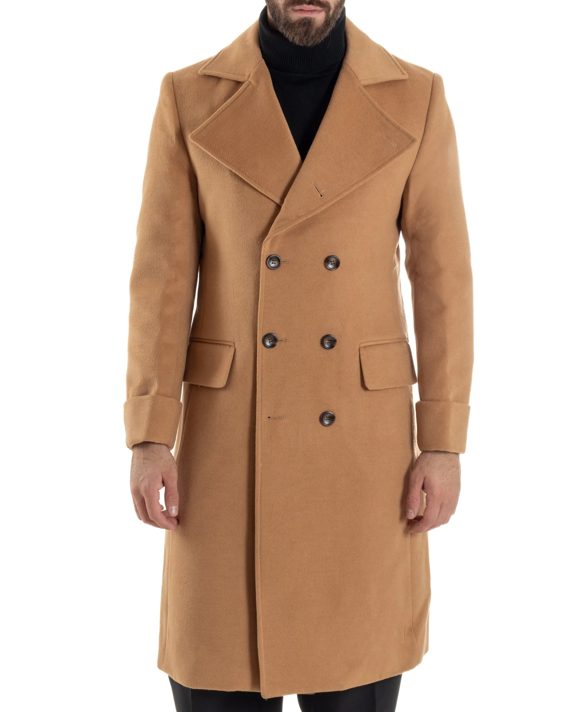 Cappotto Uomo Doppiopetto Lungo Revers A Lancia Tessuto Panno Tinta Unita Camel CO1086A
