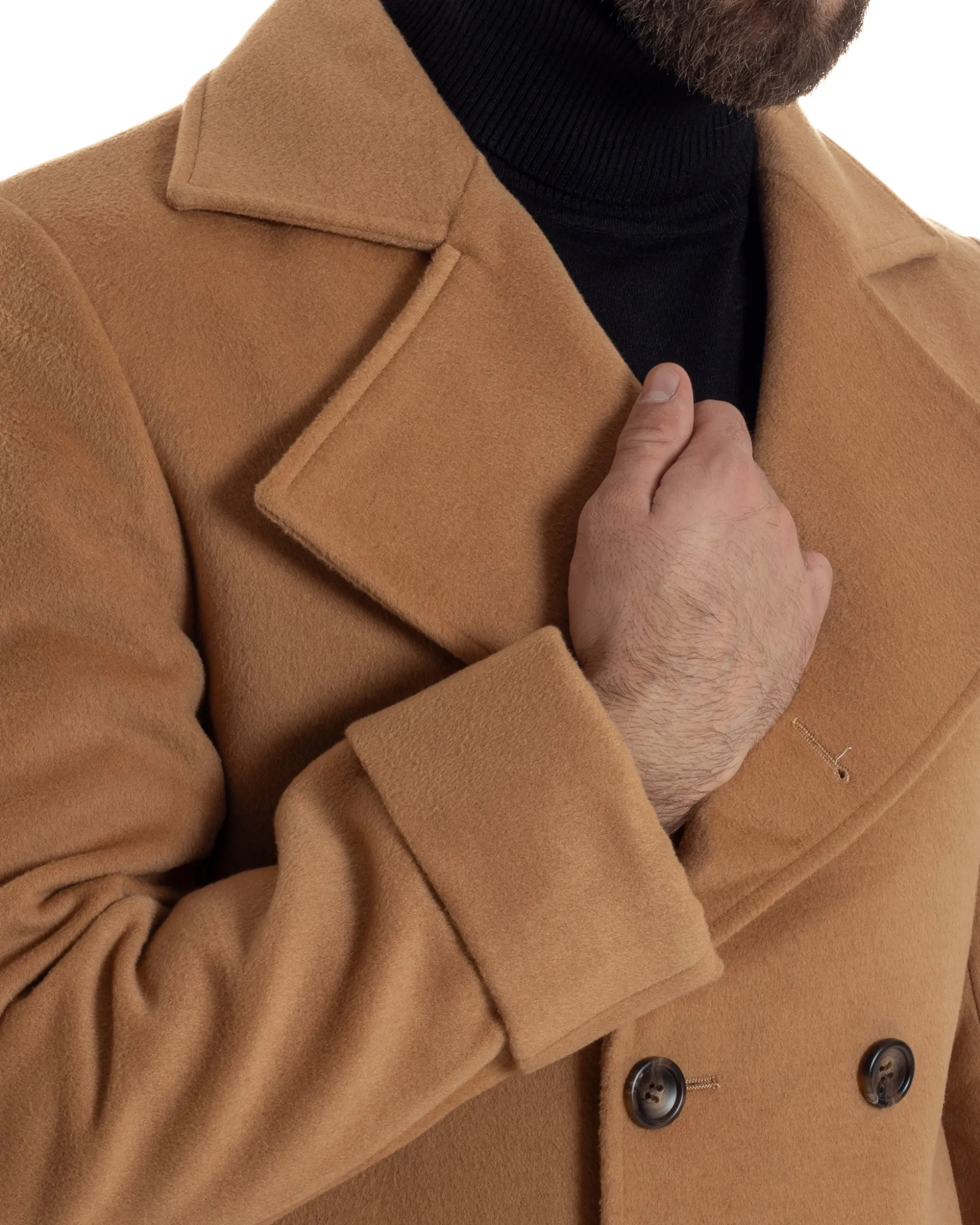Cappotto Uomo Doppiopetto Lungo Revers A Lancia Tessuto Panno Tinta Unita Camel CO1086A