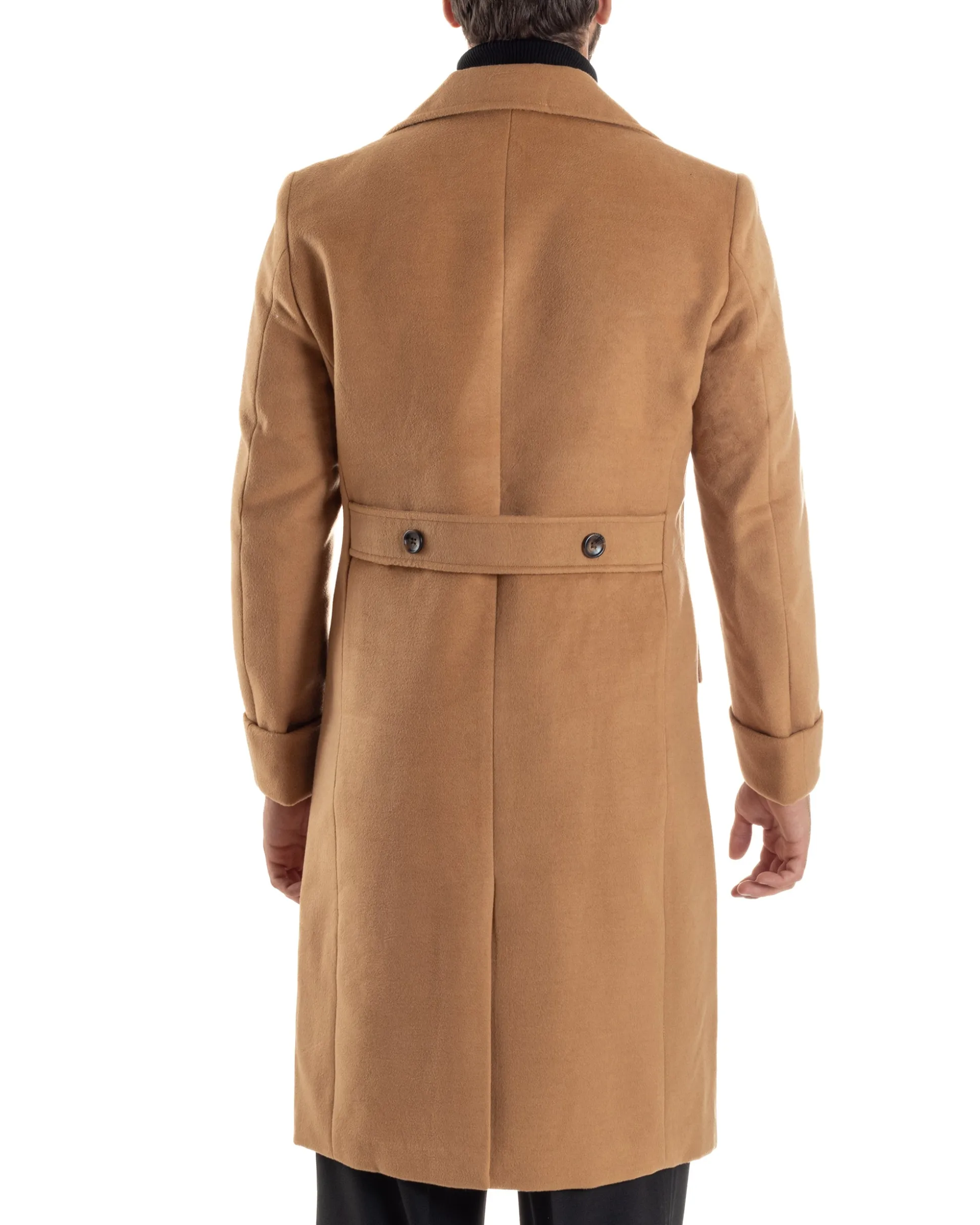 Cappotto Uomo Doppiopetto Lungo Revers A Lancia Tessuto Panno Tinta Unita Camel CO1086A