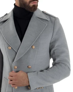 Cappotto Uomo Doppiopetto Lungo Revers A Lancia Tessuto Panno Bottoni Oro Grigio CO1078A