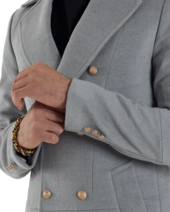 Cappotto Uomo Doppiopetto Lungo Revers A Lancia Tessuto Panno Bottoni Oro Grigio CO1078A