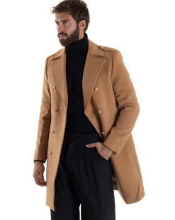 Cappotto Uomo Doppiopetto Lungo Revers A Lancia Tessuto Panno Bottoni Oro Camel CO1080A