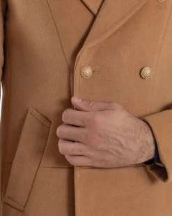 Cappotto Uomo Doppiopetto Lungo Revers A Lancia Tessuto Panno Bottoni Oro Camel CO1080A