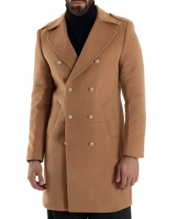 Cappotto Uomo Doppiopetto Lungo Revers A Lancia Tessuto Panno Bottoni Oro Camel CO1080A