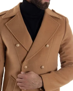 Cappotto Uomo Doppiopetto Lungo Revers A Lancia Tessuto Panno Bottoni Oro Camel CO1080A
