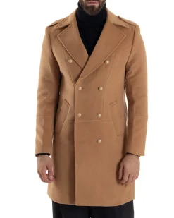Cappotto Uomo Doppiopetto Lungo Revers A Lancia Tessuto Panno Bottoni Oro Camel CO1080A