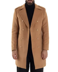 Cappotto Uomo Doppiopetto Lungo Revers A Lancia Tessuto Panno Bottoni Oro Camel CO1080A