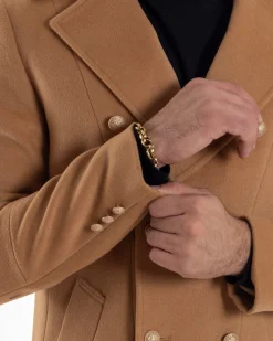 Cappotto Uomo Doppiopetto Lungo Revers A Lancia Tessuto Panno Bottoni Oro Camel CO1080A