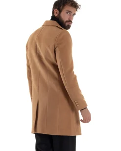 Cappotto Uomo Doppiopetto Lungo Revers A Lancia Tessuto Panno Bottoni Oro Camel CO1080A