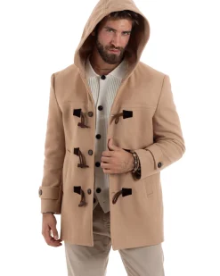 Cappotto Uomo Lana Montgomery Con Alamari E Cappuccio Camel CO1041A