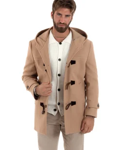 Cappotto Uomo Lana Montgomery Con Alamari E Cappuccio Camel CO1041A