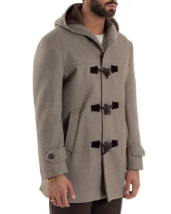 Cappotto Uomo Lana Montgomery Con Alamari E Cappuccio Beige Melangiato CO1074A
