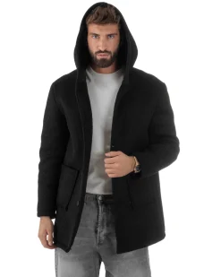 Cappotto Uomo Monopetto Cappuccio Maglia A Coste Nero CO1098A