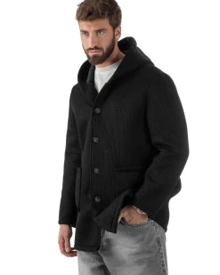 Cappotto Uomo Monopetto Cappuccio Maglia A Coste Nero CO1098A