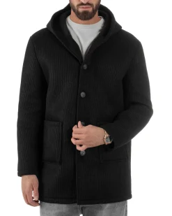 Cappotto Uomo Monopetto Cappuccio Maglia A Coste Nero CO1098A