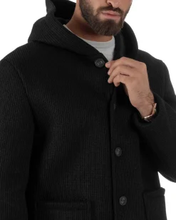 Cappotto Uomo Monopetto Cappuccio Maglia A Coste Nero CO1098A