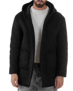 Cappotto Uomo Monopetto Cappuccio Maglia A Coste Nero CO1098A