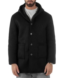 Cappotto Uomo Monopetto Cappuccio Maglia A Coste Nero CO1098A