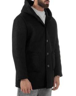 Cappotto Uomo Monopetto Cappuccio Maglia A Coste Nero CO1098A