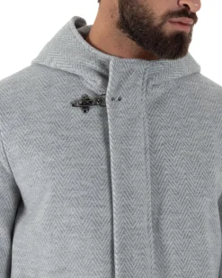 Cappotto Uomo Panno Spigato Cappuccio Zip Grigio BlackSunday CO1092A