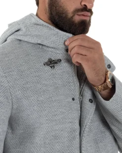 Cappotto Uomo Panno Spigato Cappuccio Zip Grigio BlackSunday CO1092A