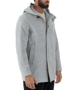 Cappotto Uomo Panno Spigato Cappuccio Zip Grigio BlackSunday CO1092A