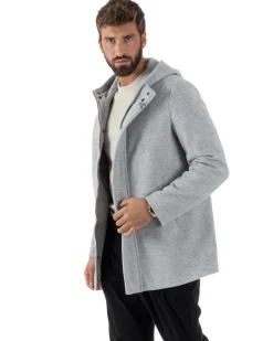 Cappotto Uomo Panno Spigato Cappuccio Zip Grigio BlackSunday CO1092A