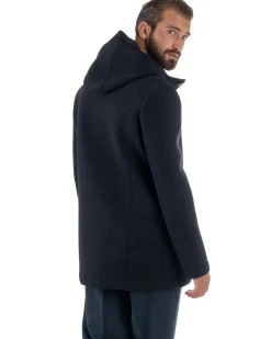 Cappotto Uomo Parka Lungo Cappuccio Tessuto Scuba Lana Blu Over-D OC1F2W5J35