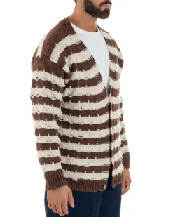 Cardigan Uomo Bicolore Maglia Over Scollo V Rotture Marrone Berna M-252010