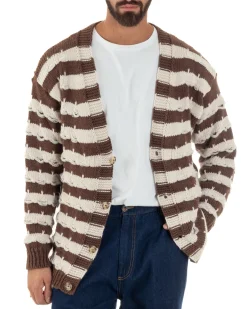 Cardigan Uomo Bicolore Maglia Over Scollo V Rotture Marrone Berna M-252010