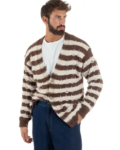 Cardigan Uomo Bicolore Maglia Over Scollo V Rotture Marrone Berna M-252010