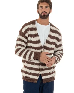 Cardigan Uomo Bicolore Maglia Over Scollo V Rotture Marrone Berna M-252010