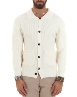 Cardigan Uomo Con Bottoni Maglioncino Con Colletto Polo Maniche Lunghe Tinta Unita Panna GIOSAL-M2947A