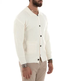 Cardigan Uomo Con Bottoni Maglioncino Con Colletto Polo Maniche Lunghe Tinta Unita Panna GIOSAL-M2947A