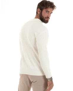 Cardigan Uomo Con Bottoni Maglioncino Con Colletto Polo Maniche Lunghe Tinta Unita Panna GIOSAL-M2947A