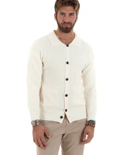 Cardigan Uomo Con Bottoni Maglioncino Con Colletto Polo Maniche Lunghe Tinta Unita Panna GIOSAL-M2947A