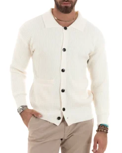 Cardigan Uomo Con Bottoni Maglioncino Con Colletto Polo Maniche Lunghe Tinta Unita Panna GIOSAL-M2947A
