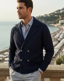 Cardigan uomo doppiopetto giacca bottoni metallo maglia links cotone blu GIOSAL-M2989A