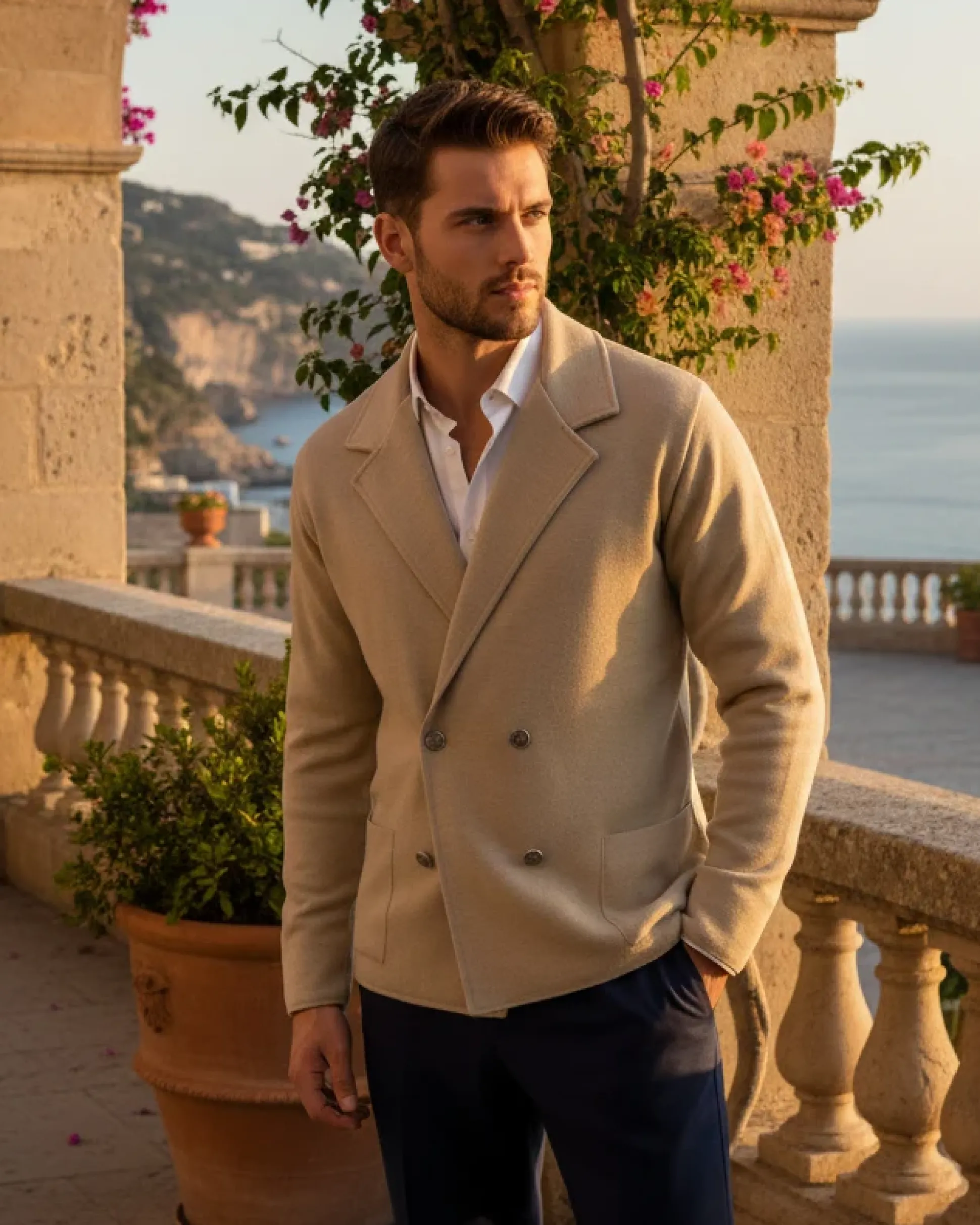 Cardigan uomo doppiopetto giacca bottoni metallo maglia links cotone casual beige GIOSAL-M2988A