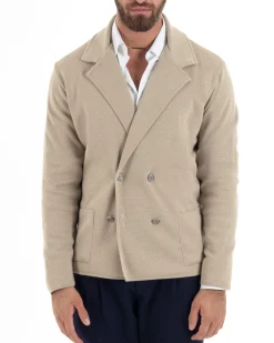 Cardigan uomo doppiopetto giacca bottoni metallo maglia links cotone casual beige GIOSAL-M2988A