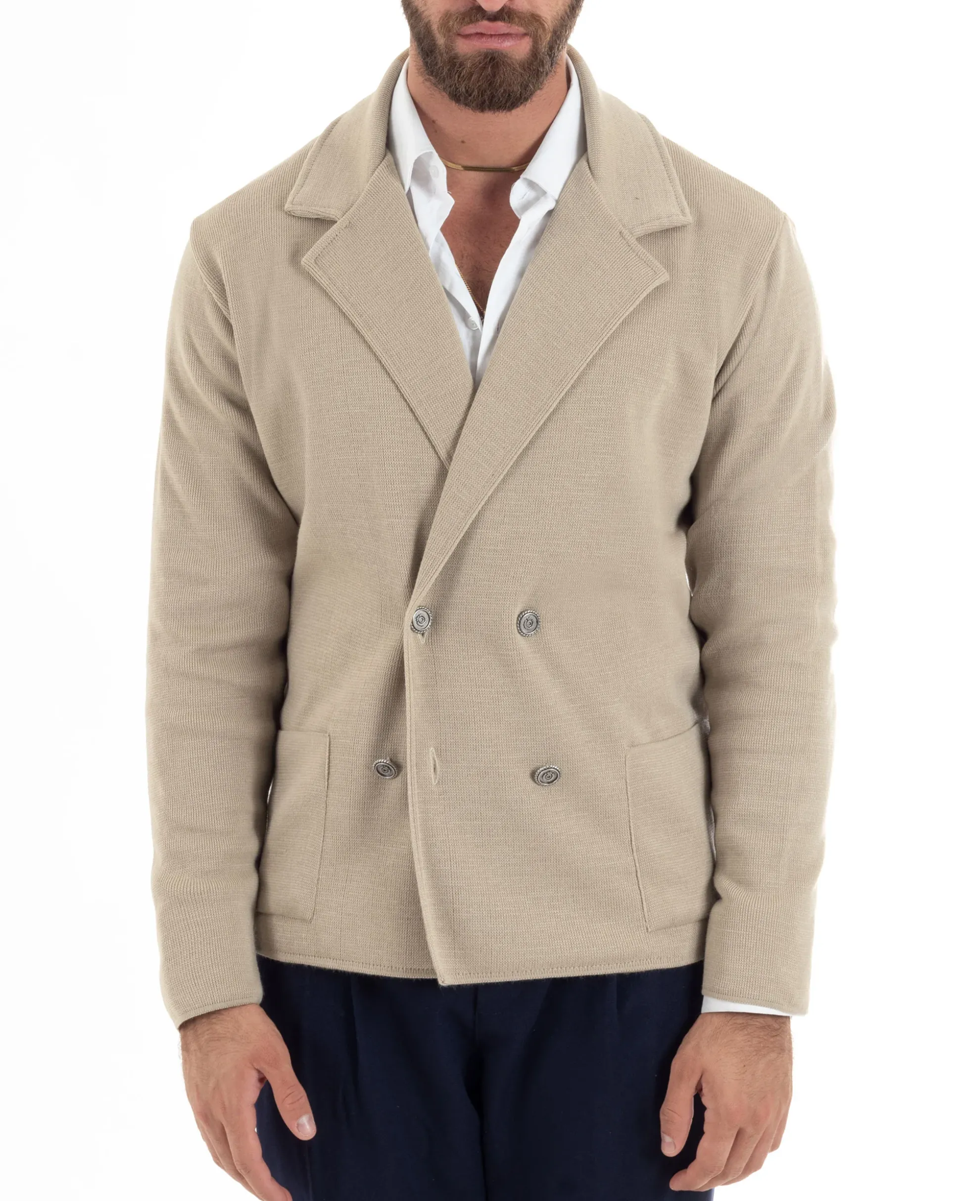 Cardigan uomo doppiopetto giacca bottoni metallo maglia links cotone casual beige GIOSAL-M2988A