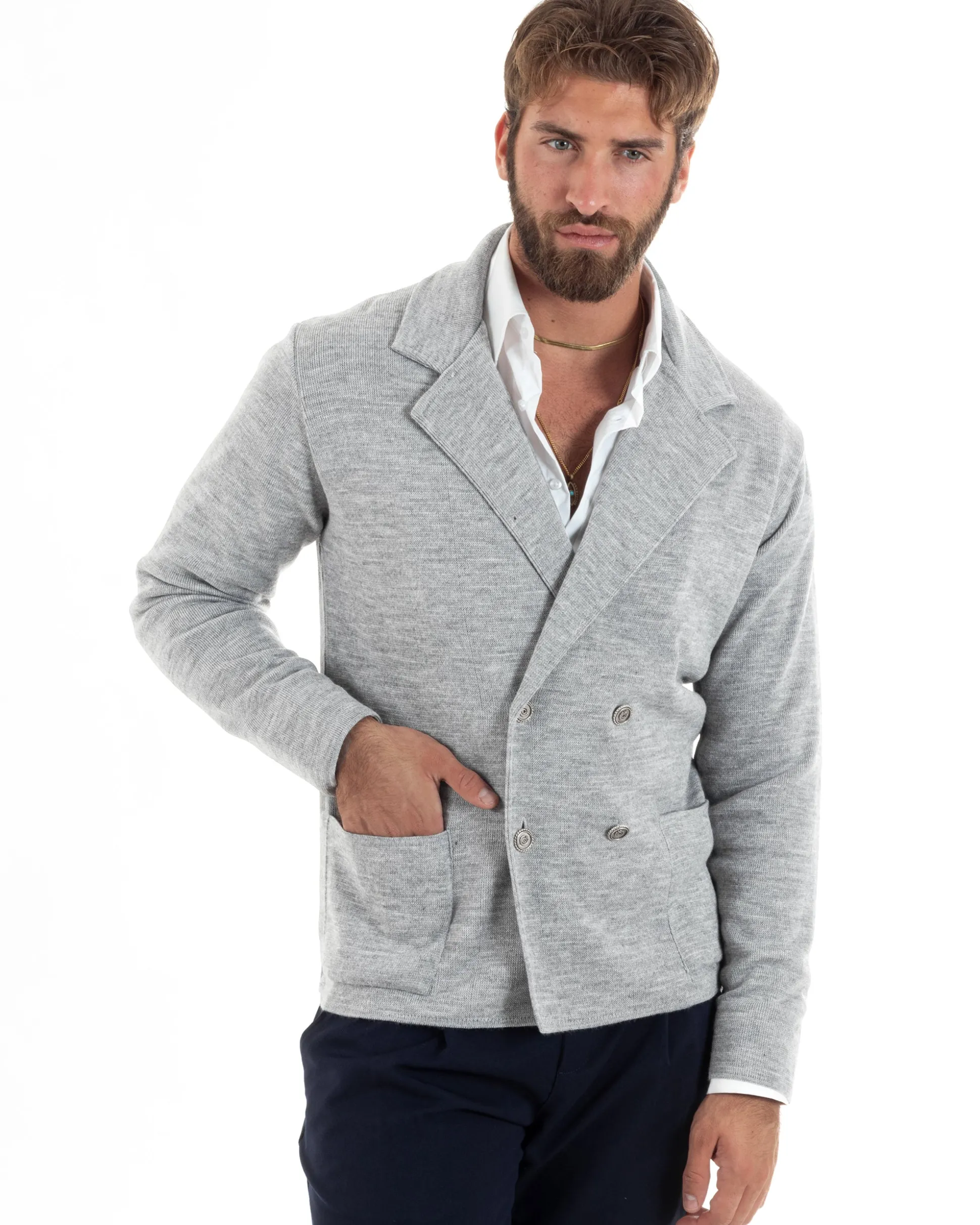 Cardigan uomo doppiopetto giacca bottoni metallo maglia links cotone casual grigio GIOSAL-M2986A