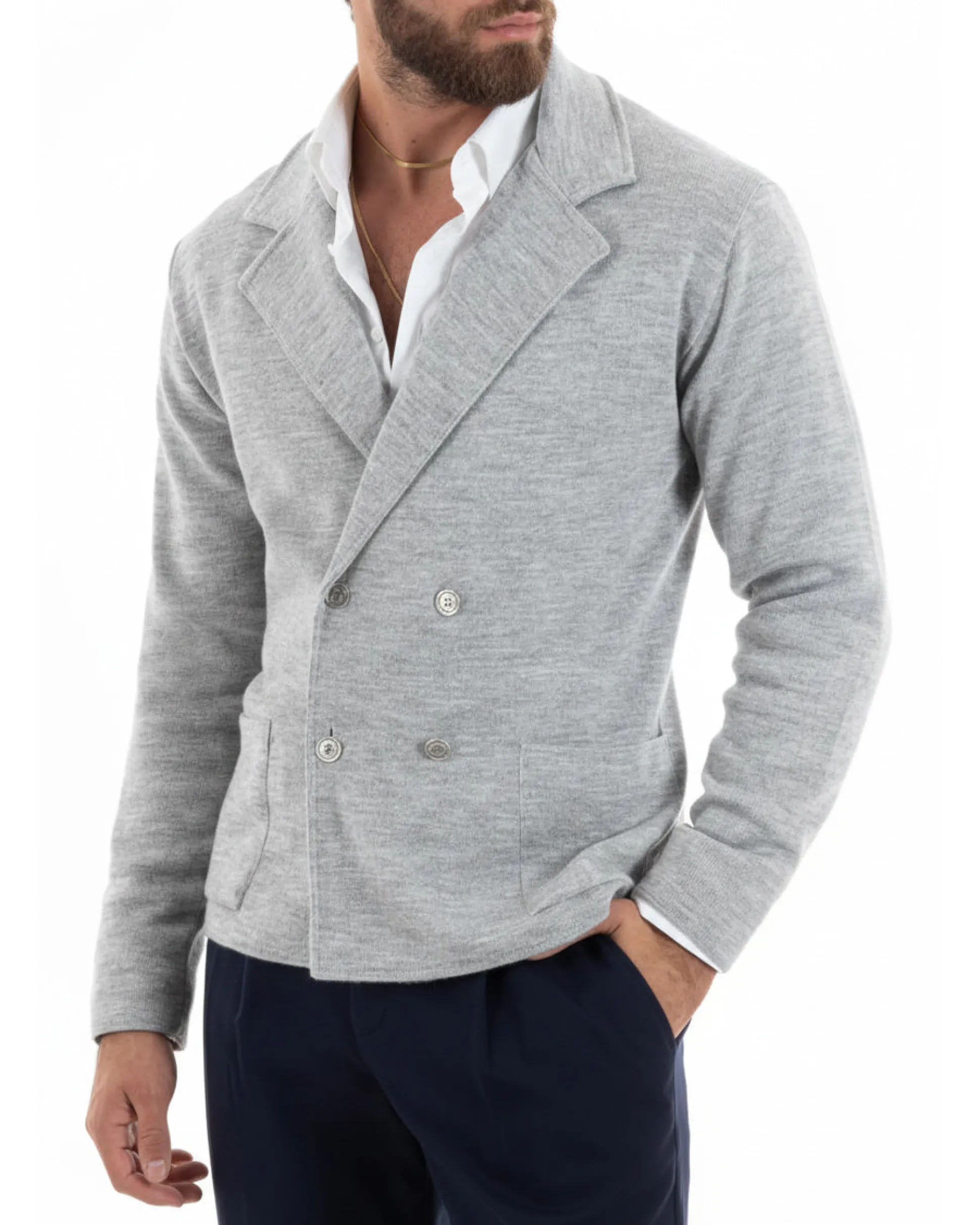 Cardigan uomo doppiopetto giacca bottoni metallo maglia links cotone casual grigio GIOSAL-M2986A